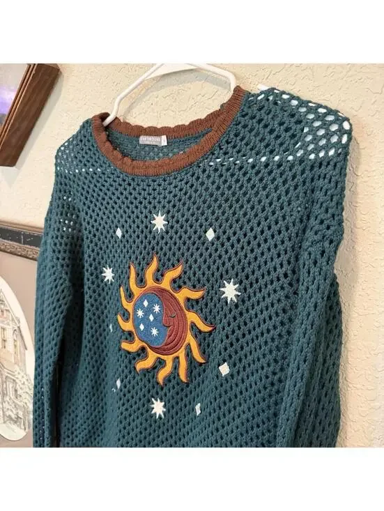 Earthbound Trading Celestial Open Knit Sweater Green Large Hippie Boho Cropped - Picture 3 of 6